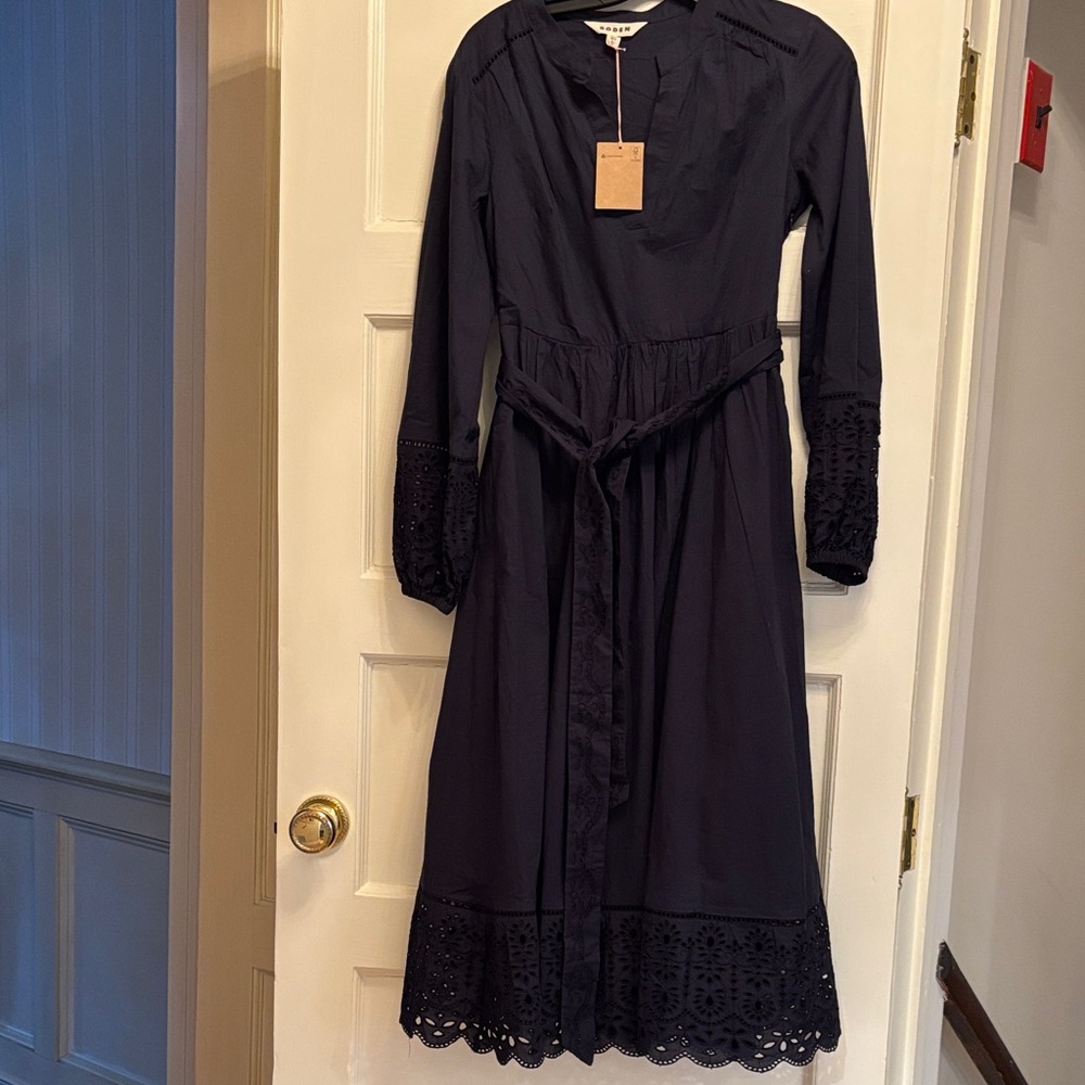 Boden Jen Broderie Navy Eyelet Hem Belted Midi Dress Size 2P - Picture 6 of 13